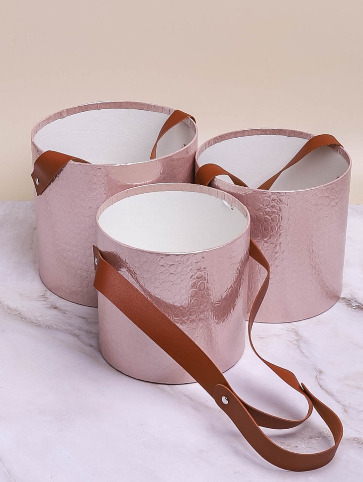 Коробка цилиндр набор из  3шт d18хh17см с ремешком б/крышки розовый