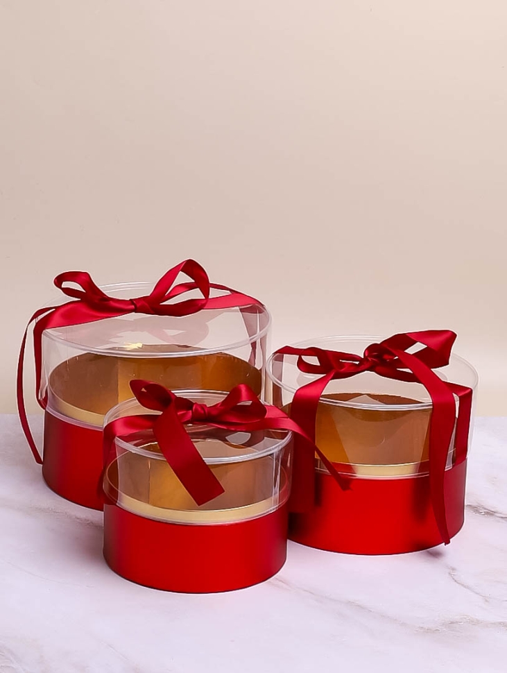 Коробка круг набор из 3шт. 22х22х16см с прозрачной крышкой красный Коробка круг набор из 3шт. 22х22х16см с прозрачной крышкой красный