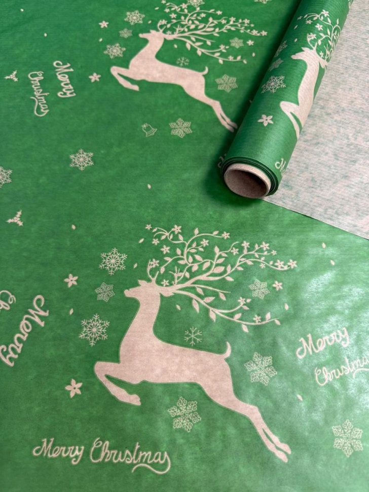 Бумага крафт 40г/м2, 70см x 10м, Олени зелёный