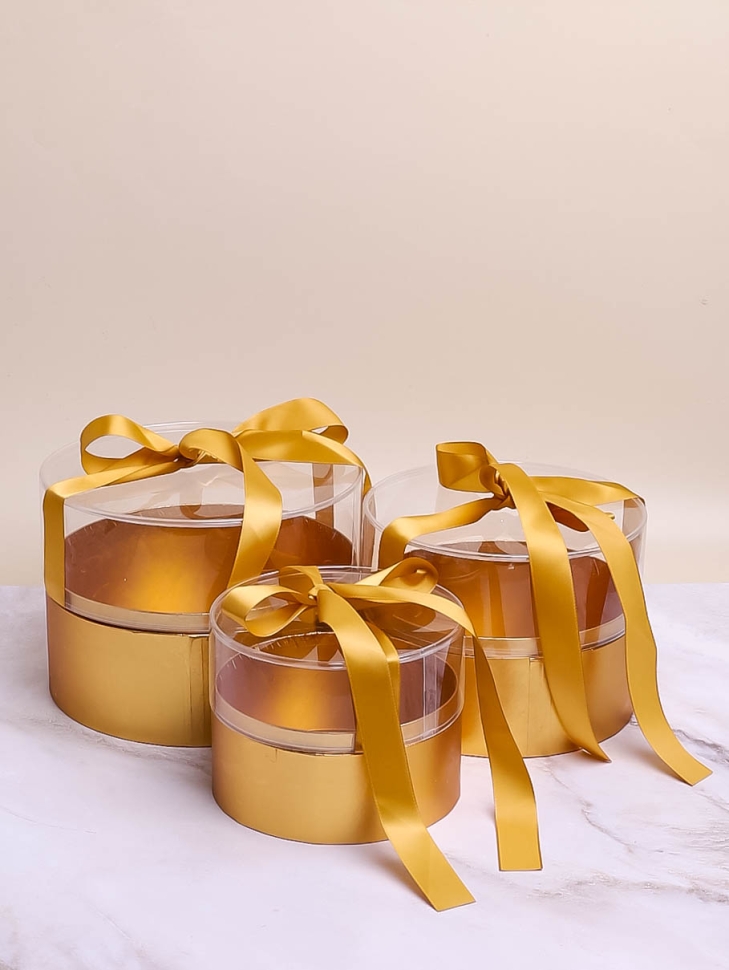 Коробка круг набор из 3шт. 22х22х16см с прозрачной крышкой золото