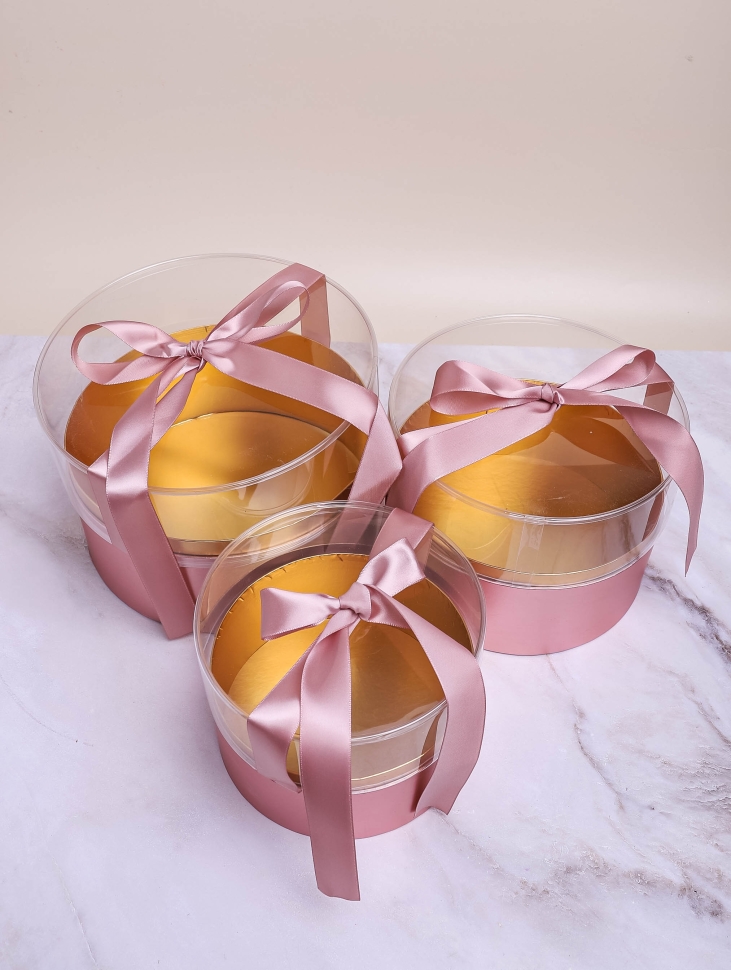 Коробка круг набор из 3шт. 22х22х16см с прозрачной крышкой розовый