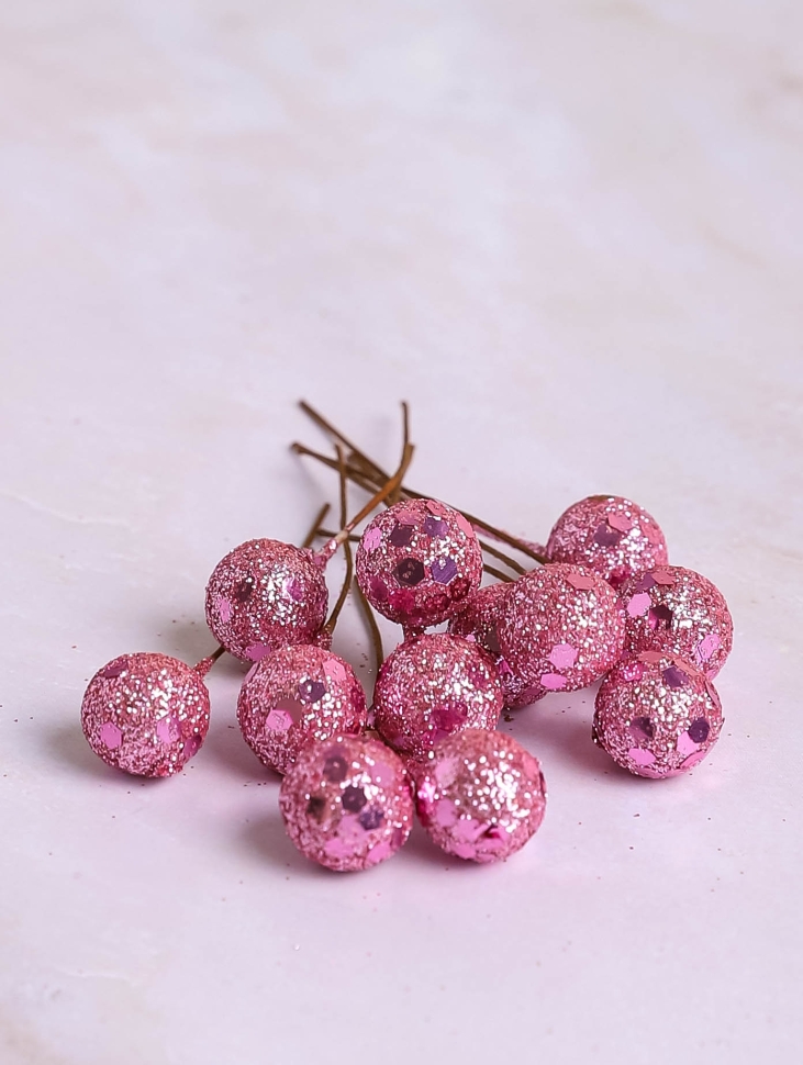 Шарики на проволоке d1,5х6см 12 шт с глиттером розовый