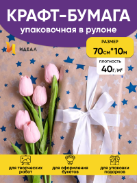 Бумага крафт 40г/м2, 70см x 10м, Звезды, синий/серебро