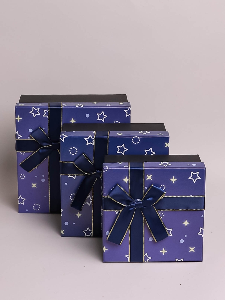 Коробка квадрат набор из 3шт 19x19x9см звезды с бантом синий