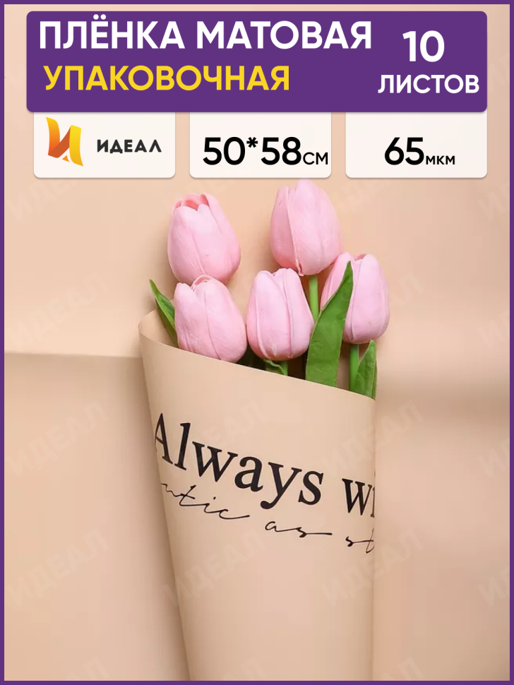 Пленка матовая 50смх58см 10 листов 65мкм РЦ Always have черный на крафте