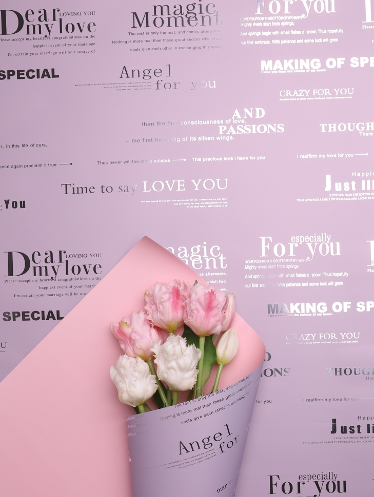 Пленка матовая 65мкм 58см х 10м с серебряными надписями сиреневый/пудра