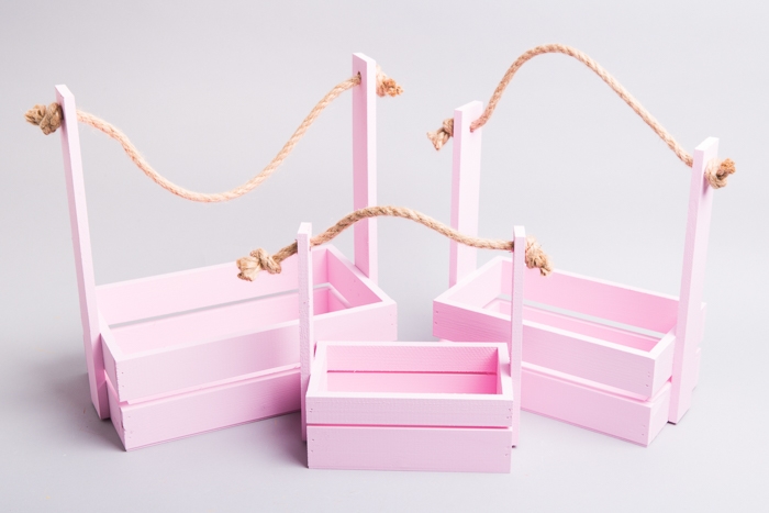 Ящик реечный с веревочной ручкой набор из 3шт h30.5х18.7х35,3см розовый нежный