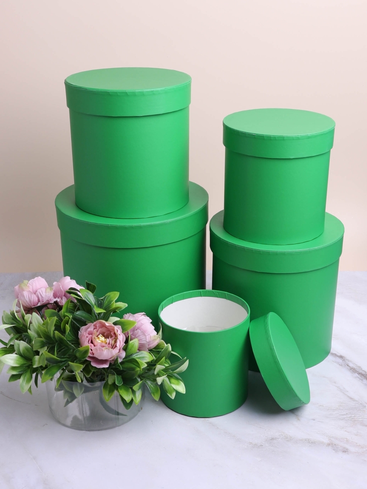 Коробка цилиндр набор из 5шт К d21хh21 - d12хh12см зеленый Коробка цилиндр набор из 5шт К d21хh21 - d12хh12см зеленый
