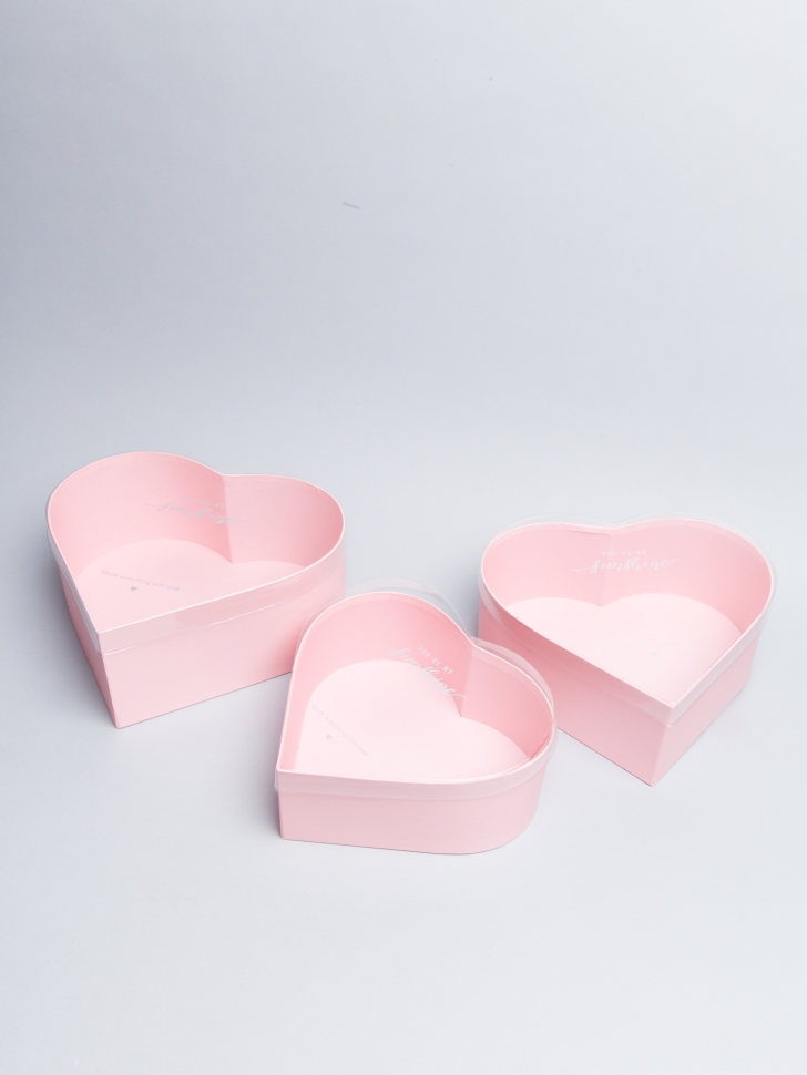 Коробка Сердце набор из 3шт 28x25,2x11см с прозрачной крышкой, розовая
