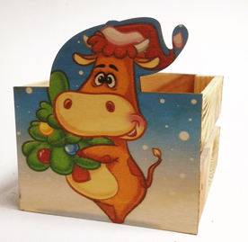 Ящик НГ флористический реечный 13х13х9см Теленок с елочкой Ящик НГ флористический реечный 13х13х9см Теленок с елочкой