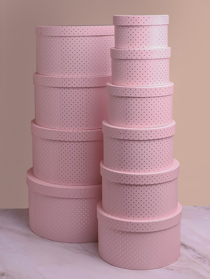 Коробка шляпная набор из 10шт d34.5хh17.5см K868 точка розовый Коробка шляпная набор из 10шт d34.5хh17.5см K868 точка розовый