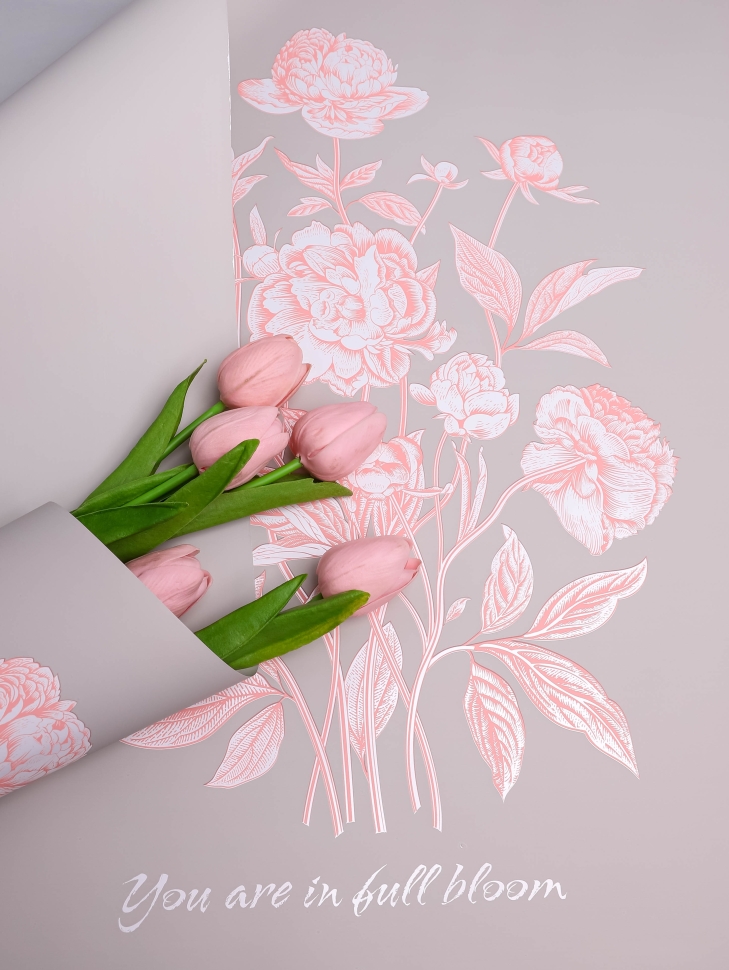 Пленка матовая  65мкм 58см х 10м РЦ Бутоны на сером розовый