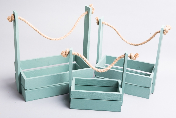Ящик реечный с веревочной ручкой набор из 3шт h30.5х18.7х35,3см бирюзовый пастельный