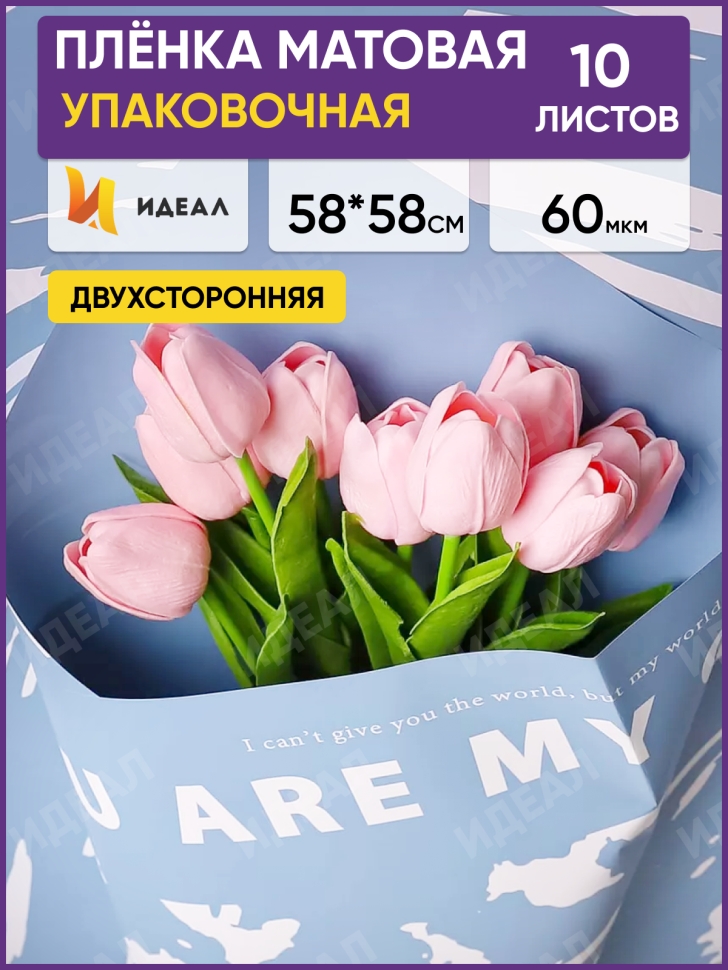 Пленка матовая 58смх58см 10 листов 60мкм РЦ Only love рисунок белый на голубом Пленка матовая 58смх58см 10 листов 60мкм РЦ Only love рисунок белый на голубом