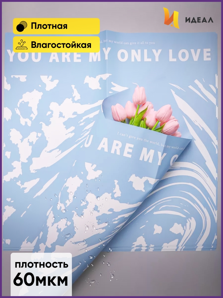 Пленка матовая 58смх58см 10 листов 60мкм РЦ Only love рисунок белый на голубом Пленка матовая 58смх58см 10 листов 60мкм РЦ Only love рисунок белый на голубом