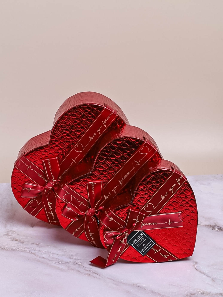 Коробка Сердце набор из 3шт 22х20х9см текстура кожи красный