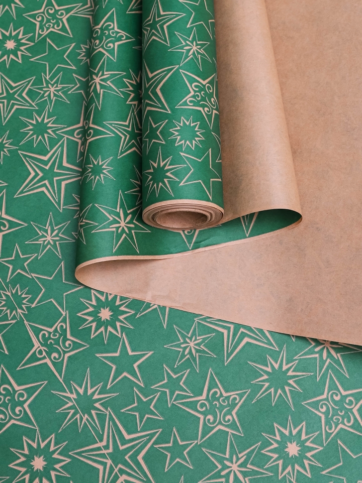 Бумага крафт 70г/м2, 70см x 10м, Звездный микс, зеленый
