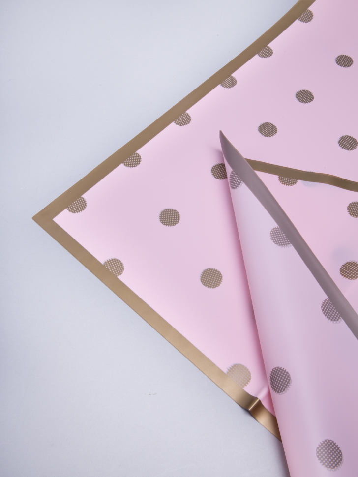 Пленка матовая 58смх58см 10 листов 50мкм РЦ кант горох золотой на розовом