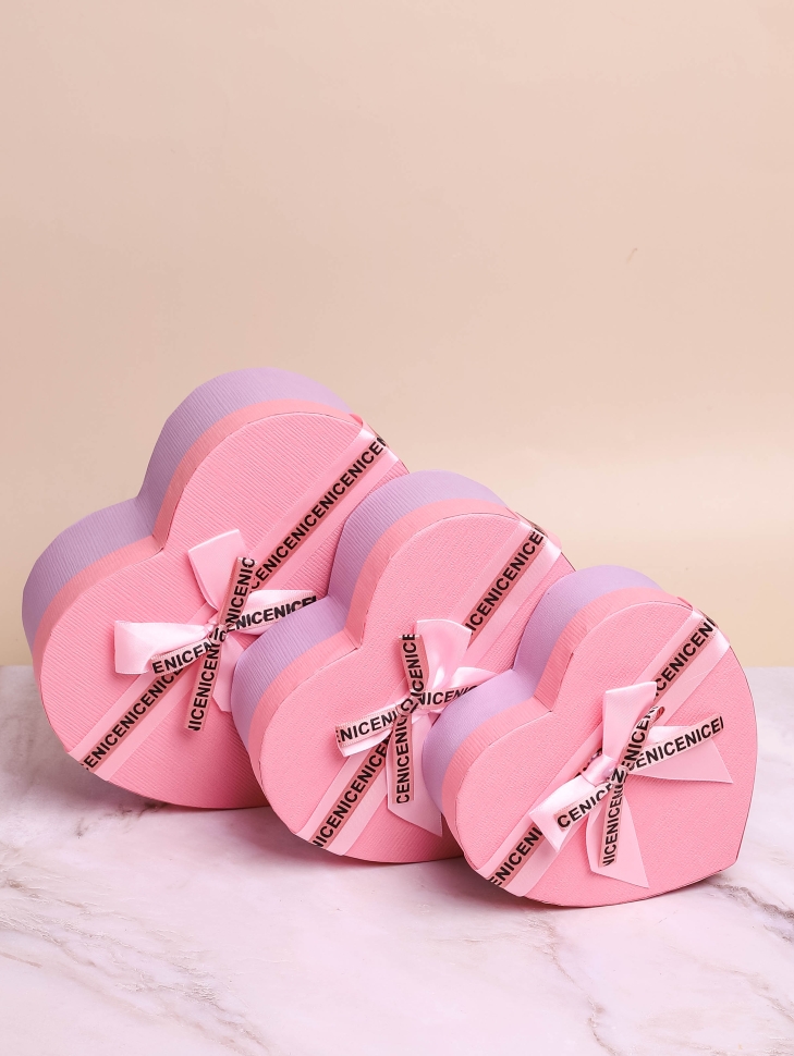 Коробка Сердце набор из 3шт 22х20х9см двухцветный с бантом розовый/сиреневый