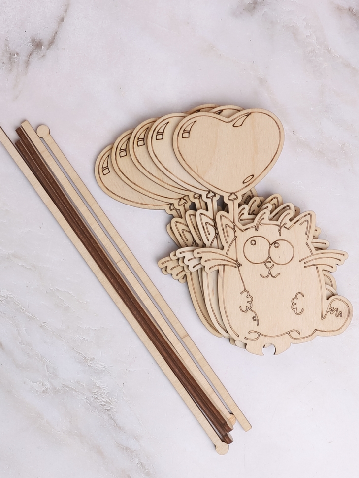 Вставка деревянная для цветов 5шт "Кот с сердцем" натуральный Вставка деревянная для цветов 5шт "Кот с сердцем" натуральный