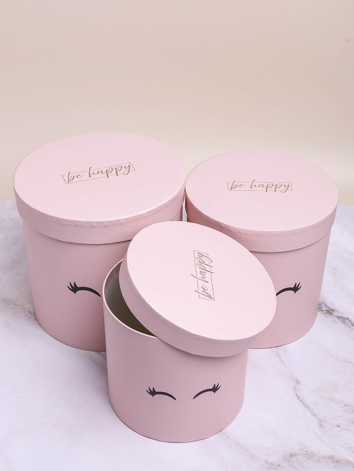 Коробка цилиндр набор из  3шт 19,5х19см реснички розовый