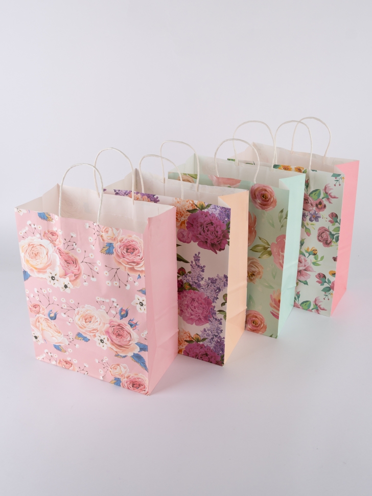 Сумочка крафт Цветы 728-169 25,5х33х12,5см микс