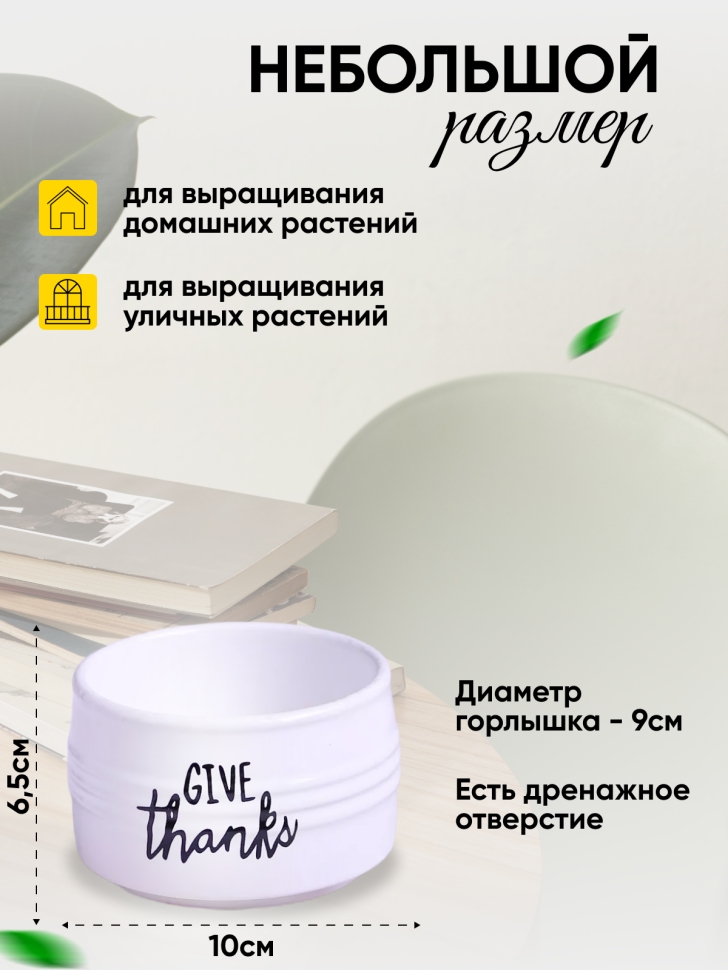 Кашпо керамика 10х10х6,5см Give thanks белый Кашпо керамика 10х10х6,5см Give thanks белый