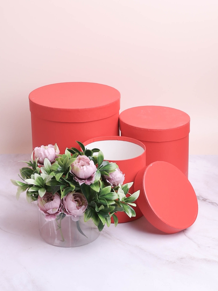 Коробка цилиндр набор из  3шт К d21хh21 - d14хh14см алый