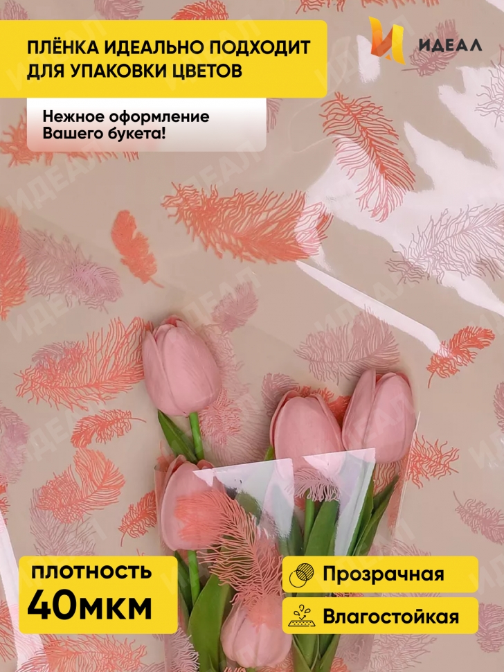 Пленка цветная 60см Перышки пудра/персиковый