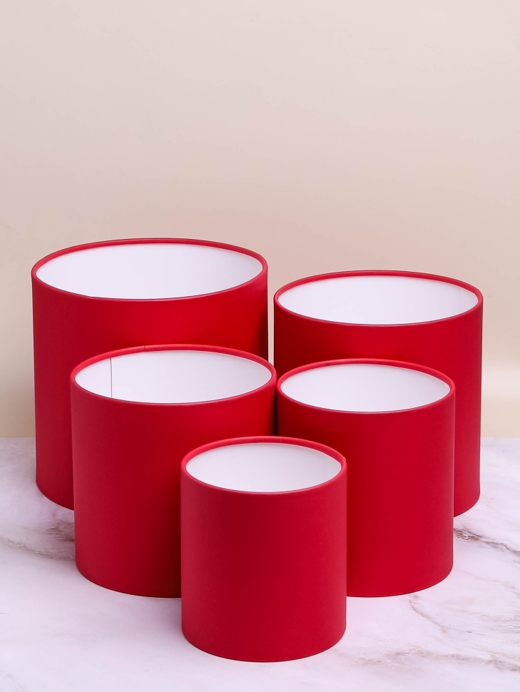 Коробка цилиндр набор из  5шт h21хd21 - h12хd12см б/крышки красный бархатный