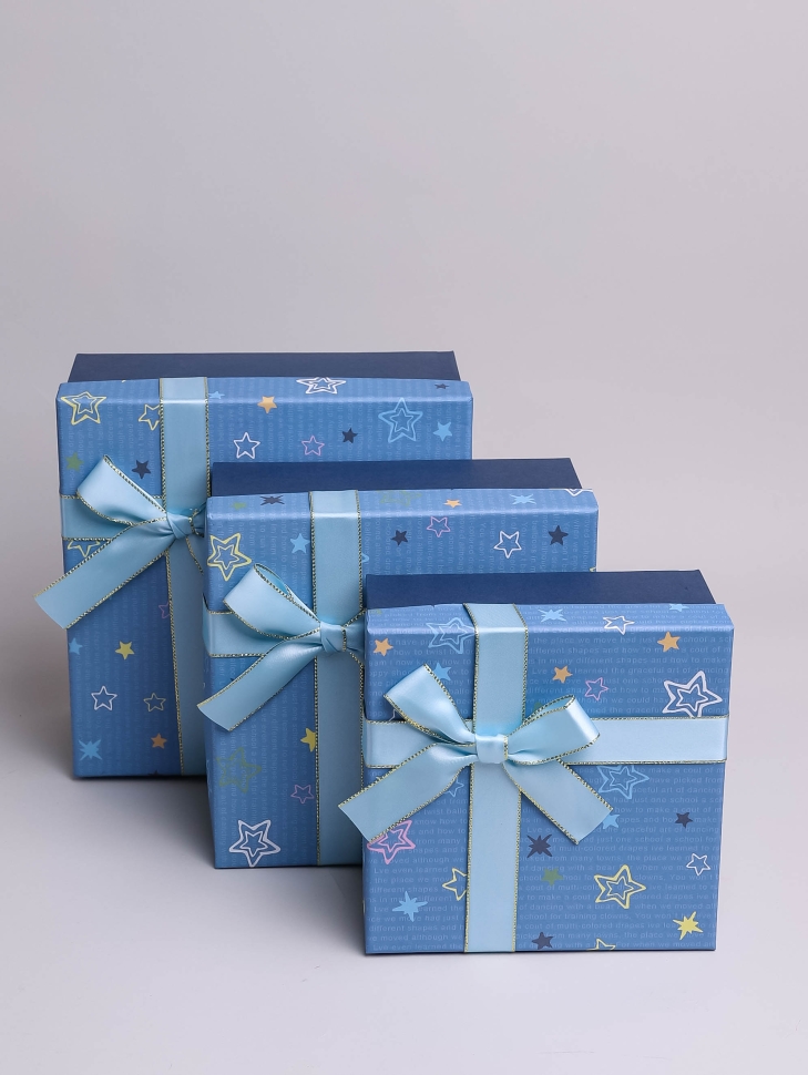 Коробка квадрат набор из 3шт 19x19x9см звезды с бантом голубой