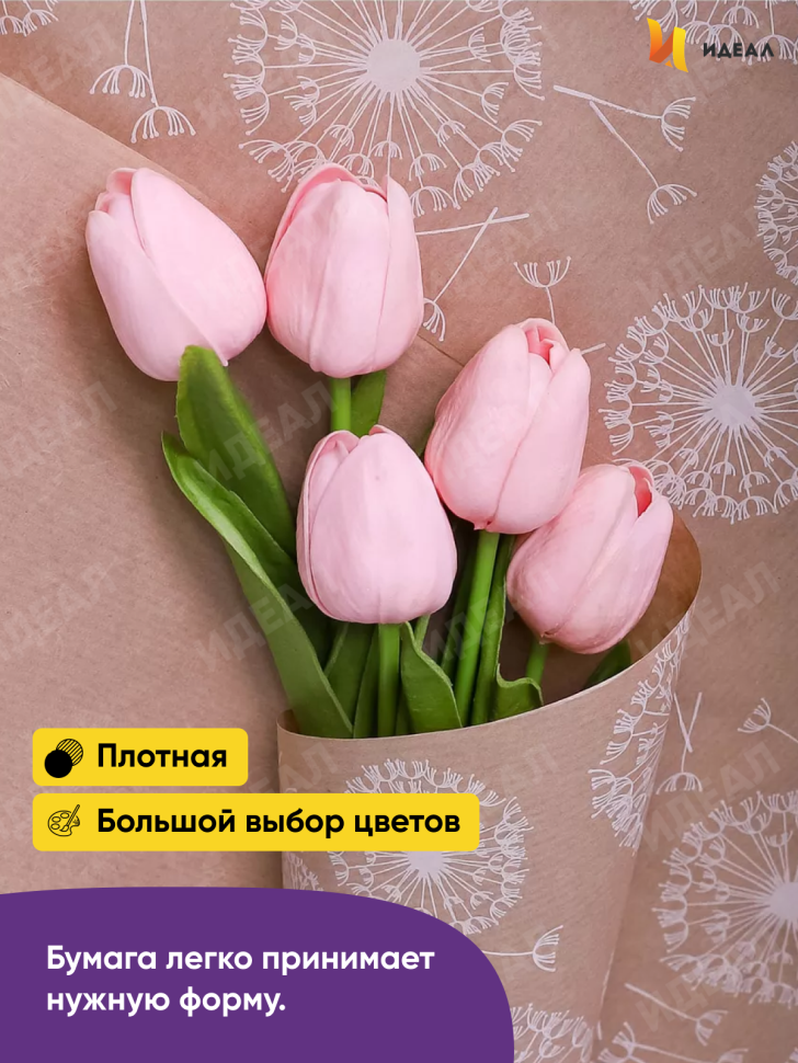 Бумага крафт 40г/м2, 70см x 10м, Одуванчики белый Бумага крафт 40г/м2, 70см x 10м, Одуванчики белый
