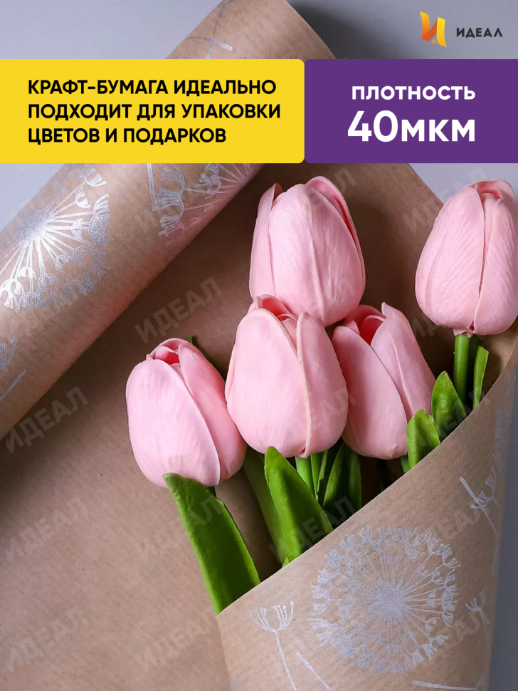Бумага крафт 40г/м2, 70см x 10м, Одуванчики серебро