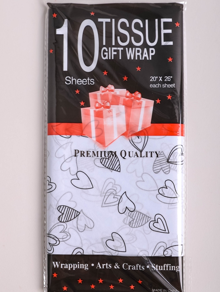 Бумага тишью Сердца 50х66см,10 лист черный на белом