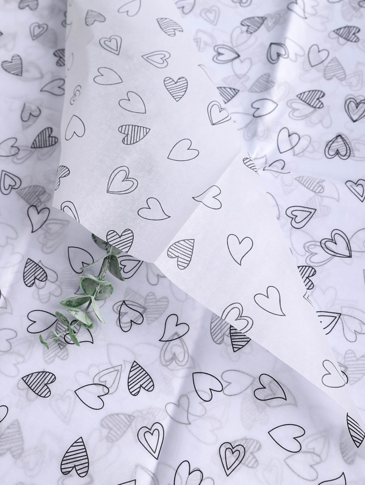 Бумага тишью Сердца 50х66см,10 лист черный на белом