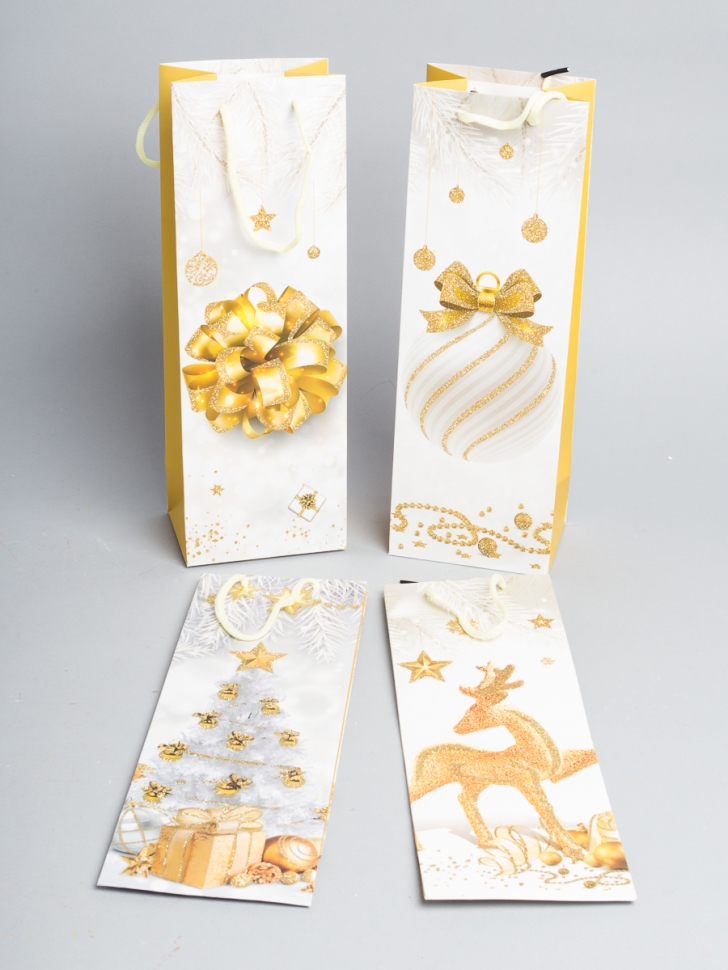 Сумочка бумажная с блестками НГ 12х35х9см GYH22627-109 под бутылку микс Сумочка бумажная с блестками НГ 12х35х9см GYH22627-109 под бутылку микс