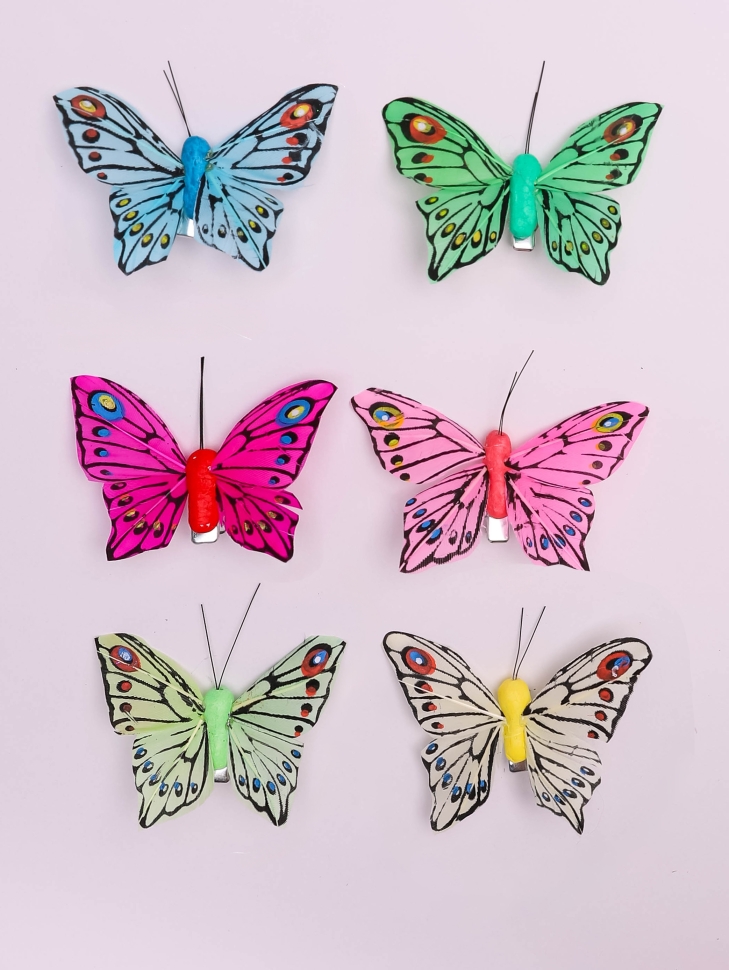Бабочки  8см на прищепке, 12шт. цветные 1030