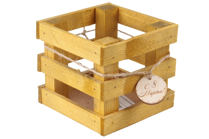 Ящик деревянный реечный с биркой 10х10х9 см желтый