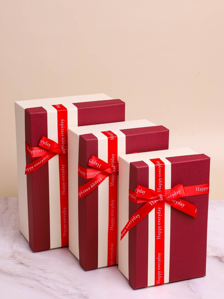 Коробка прямоугольник набор из 3шт 23х16х9см полоса с бантом белый/винный микс Коробка прямоугольник набор из 3шт 23х16х9см полоса с бантом белый/винный микс