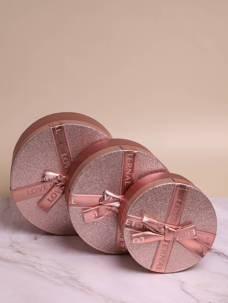 Коробка цилиндр набор из  3шт d20хh10 - d16-h7см с бантом розовое золото