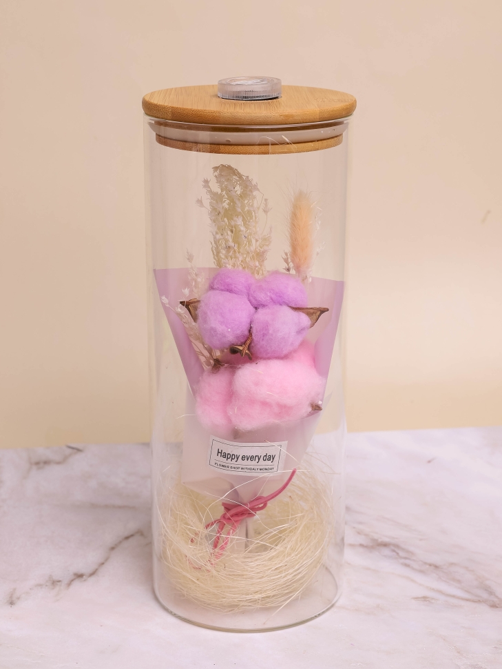 Композиция в колбе 10x25 Букет с хлопком с подсветкой