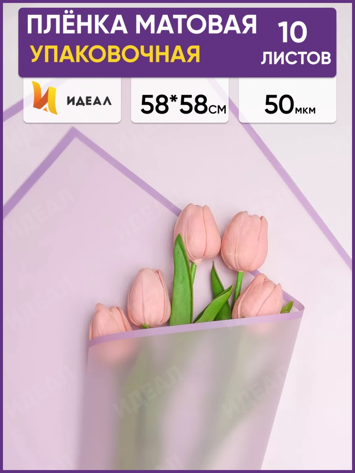 Пленка матовая 58смх58см 10 листов 50мкм РЦ фрост с каймой сиреневый Пленка матовая 58смх58см 10 листов 50мкм РЦ фрост с каймой сиреневый