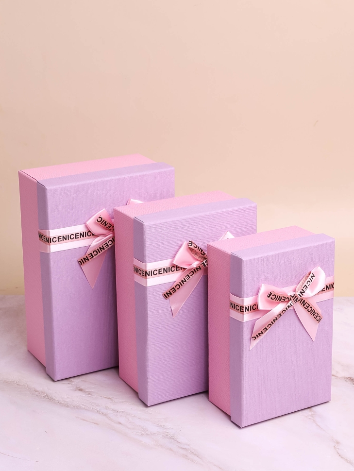 Коробка прямоугольник набор из  3шт 23х16х9см крышка сиреневая/розовый,бант розовый