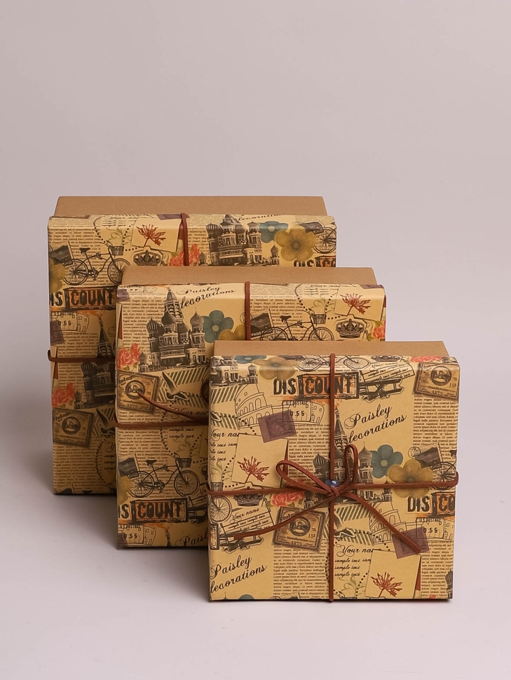 Коробка квадрат набор из 3шт 19х19х9см Винтажное очарование крафт