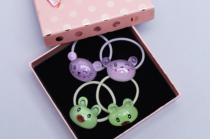 Резинки для волос, набор 4шт Мордочки 2х2,5 зеленый/сиреневый