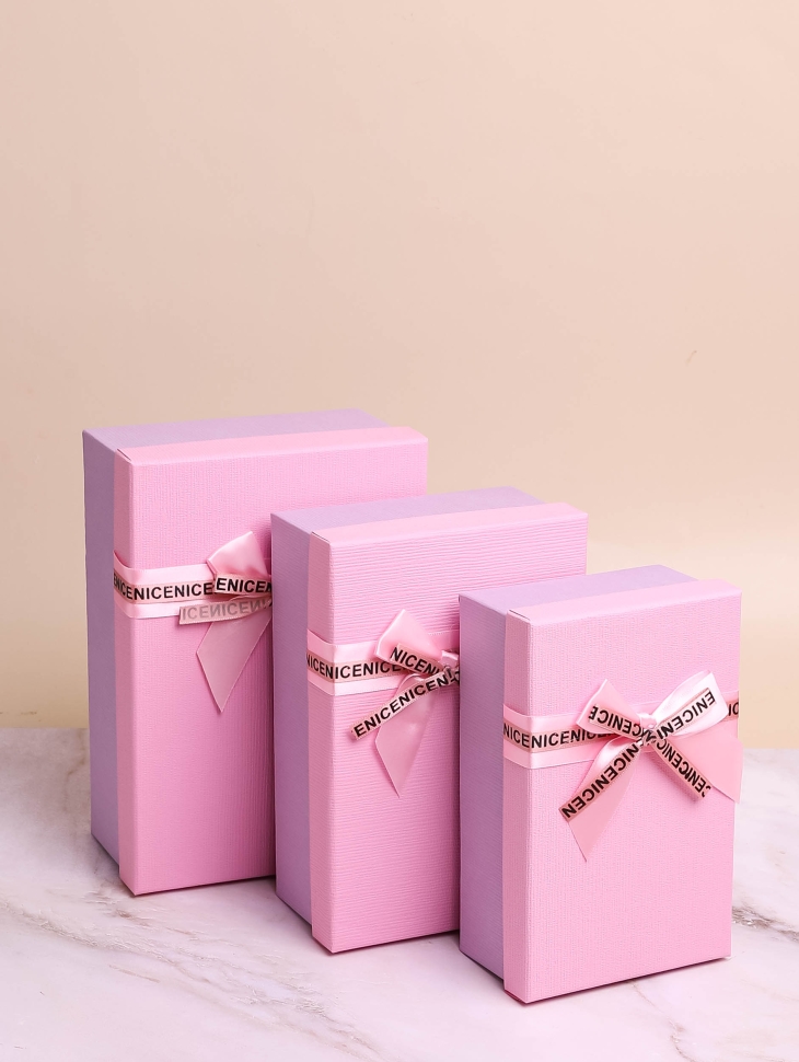 Коробка прямоугольник набор из  3шт 23х16х9см крышка розовая/сиреневый,бант розовый