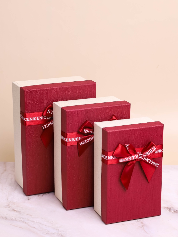 Коробка прямоугольник набор из 3шт 23х16х9см крышка винная/белый,бант винный Коробка прямоугольник набор из 3шт 23х16х9см крышка винная/белый,бант винный