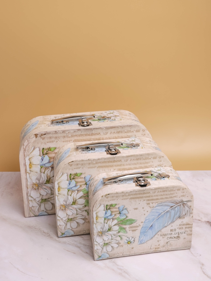 Коробка чемодан набор из 3шт 30x21x9,5см цветы/перо