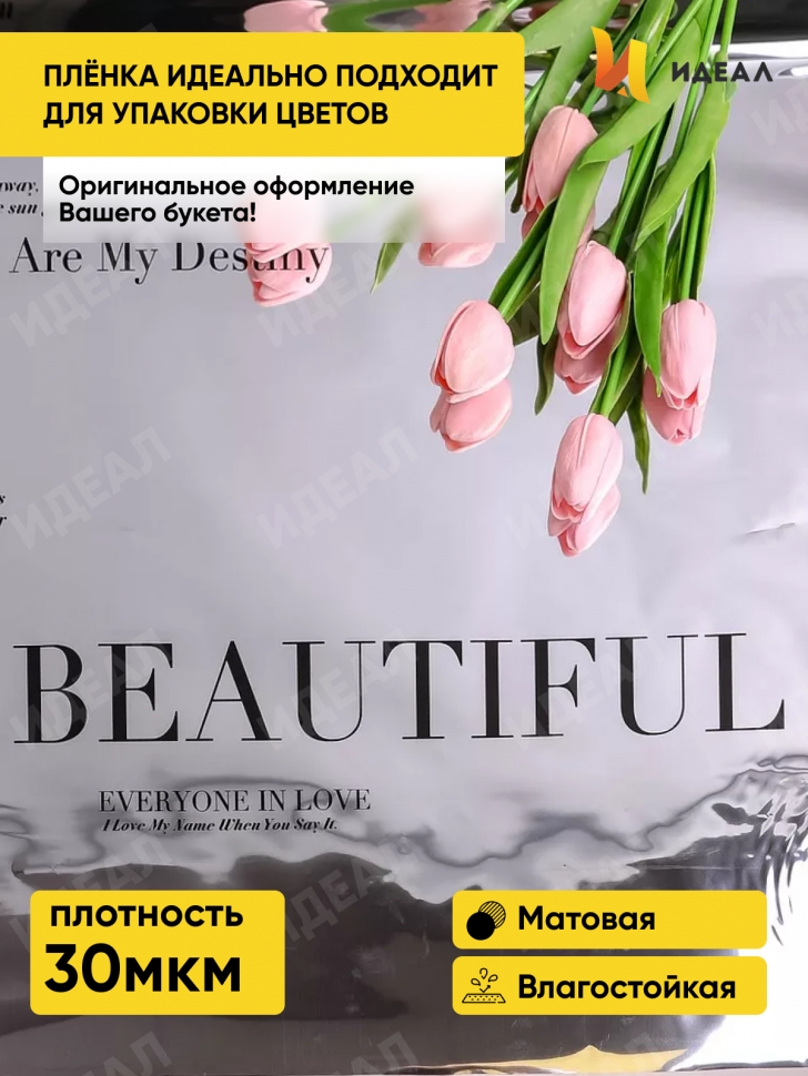 Пленка матовая 30мкм 58см х 10м РЦ Beautiful на серебре надпись черный Пленка матовая 30мкм 58см х 10м РЦ Beautiful на серебре надпись черный