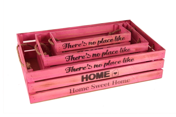 Ящик деревянный интерьерный набор 3шт 50х30х12см  "Home" верев ручки, паст розовый
